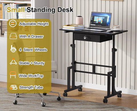 Adjustable Height Sit Stand Desk On Wheels With Drawer, Rolling Computer Desk For Standing Or Sitting, shown in home office.