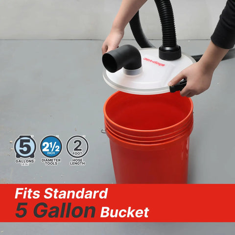 Installing Dust Collector For 5 Gallon Buckets With 2.5 Inch Hose, Elbow Fittings And Metal Filter Included on red bucket