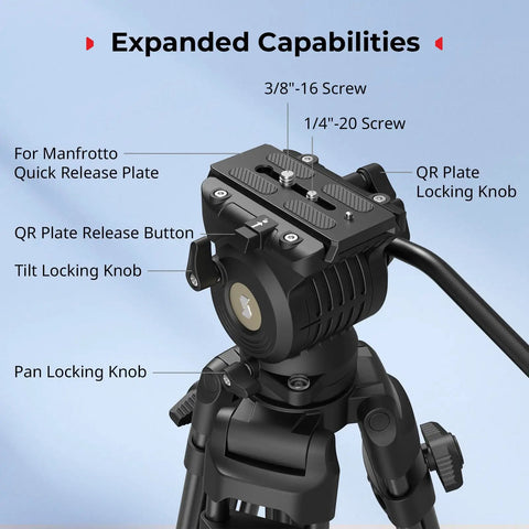 Close-up of Beefy Pro Grade Aluminum Video Tripod With Fluid Head for Pro Shoots showing quick release and locking knobs.
