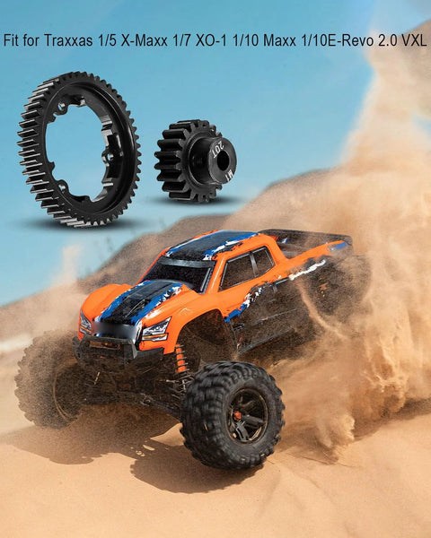 Two black hardened-steel RC gears: 50T spur and 20T pinion for Traxxas 1/10–1/7 models.