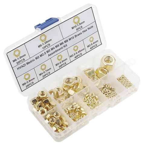 195 Piece Brass Hex Nut Set M2 To M10 Coarse Thread DIN 934 Assortment Kit in labeled plastic box