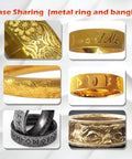 Six engraved metal rings showcasing intricate designs and patterns, precision achieved with the Four Axis Desktop CNC Router With 36000 RPM 1200W Water Cooled Spindle.