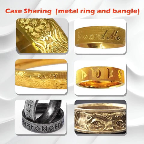 Six engraved metal rings showcasing intricate designs and patterns, precision achieved with the Four Axis Desktop CNC Router With 36000 RPM 1200W Water Cooled Spindle.