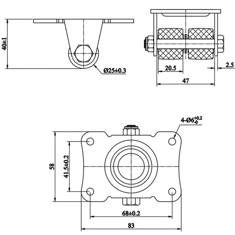 Tough As Nails 1 Inch Double Nylon Caster Wheels Set Of Four Black Rigid Plate Mount Casters For Beds And Workbenches technical drawing.