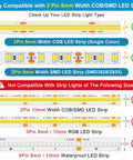 Diagram showing compatibility for Twenty Pack 8Mm Two Pin Solderless Led Strip To Wire Connectors Snap And Go Transparent Adapters.