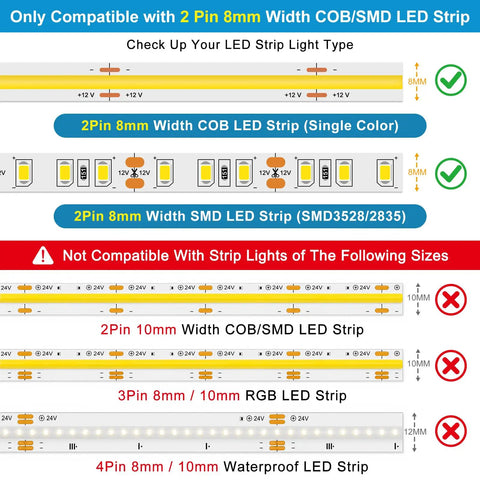 Diagram showing compatibility for Twenty Pack 8Mm Two Pin Solderless Led Strip To Wire Connectors Snap And Go Transparent Adapters.