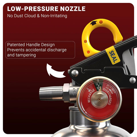 Close-up of Class K Kitchen Fire Extinguisher For Cookin Grease Fires, 40 Fl Oz Wet Chemical, with quick pull handle and gauge.