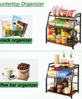 Three Tier Wooden Countertop Organizer For Kitchen And Office Space Saver used for snacks and coffee bar setup.