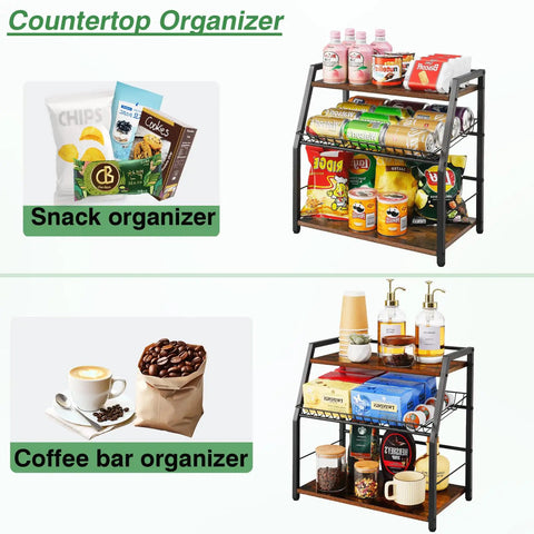 Three Tier Wooden Countertop Organizer For Kitchen And Office Space Saver used for snacks and coffee bar setup.
