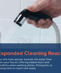 Heavy Duty Black Replacement Kitchen Sink Sprayer With Hose And Guide in use, demonstrating extended reach for cleaning tasks.