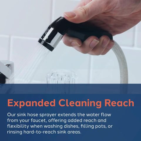 Heavy Duty Black Replacement Kitchen Sink Sprayer With Hose And Guide in use, demonstrating extended reach for cleaning tasks.