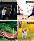 Collage showing gym boxing, yoga fitness, lounging in hammock, and walking dog with leash, illustrating uses of Beefy 2-Pack 3-Inch Heavy-Duty Carabiner Clips 855 Lb Rating Non-Locking Spring Hook Carabiners For Hammocks Camping Hiking Dog Leash Key Ring Gym Outdoor Gear.