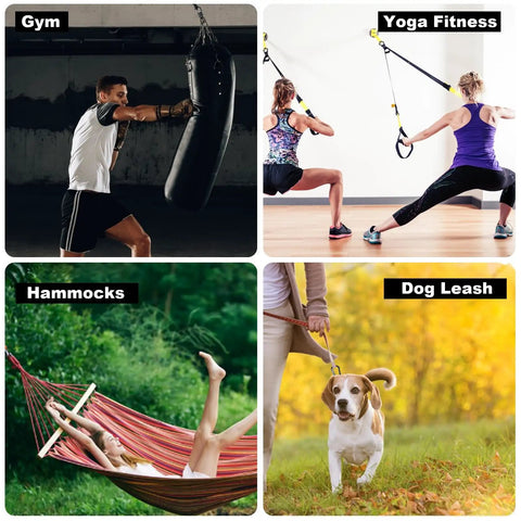 Collage showing gym boxing, yoga fitness, lounging in hammock, and walking dog with leash, illustrating uses of Beefy 2-Pack 3-Inch Heavy-Duty Carabiner Clips 855 Lb Rating Non-Locking Spring Hook Carabiners For Hammocks Camping Hiking Dog Leash Key Ring Gym Outdoor Gear.