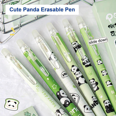 Six Pack Panda Erasable Retractable Gel Ink Pens 0.5mm Blue Ink Too Cute Panda Design Erasable Gel Ink with Rubber Eraser