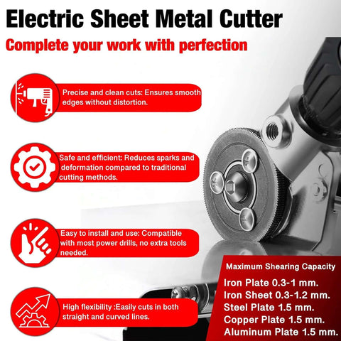 Drill Powered Sheet Metal Nibbler Attachment For Steel, Aluminum, Copper And Iron with safety features and cutting capacity details.
