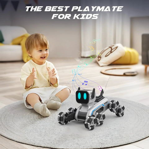 Front view of Amazon SIMREX Robot Dog RC stunt car with LED eyes and mecanum wheels in a living room