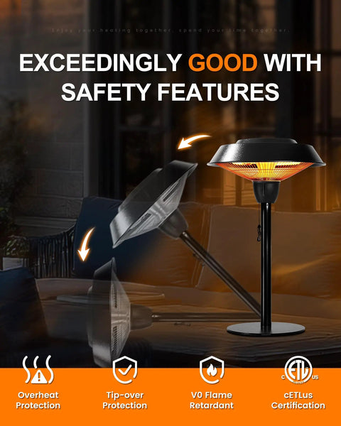 Infrared Patio Tabletop Heater With Tip Over Protection IP44 Waterproof 1500W Outdoor Heater Delivers Fast Quiet Heat For Up To 110 Sq Ft In Hammered Bronze Finish with safety features