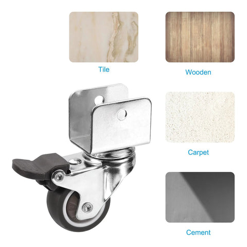 1.5 Inch Swivel Caster Wheels With 1 Inch U Bracket Four Pack Mute Casters With Brake For Cabinets Furniture And Tables Total Load 132 Lbs 60 Kg TPR Wheel And Mounting Hardware Included on tile, wooden, carpet, and cement surfaces
