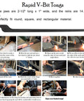 Instructional steps for using Rapid V-Bit Tongs from Five Types DIY Blacksmith Tongs Bundle With Rivets For Small Stock Work