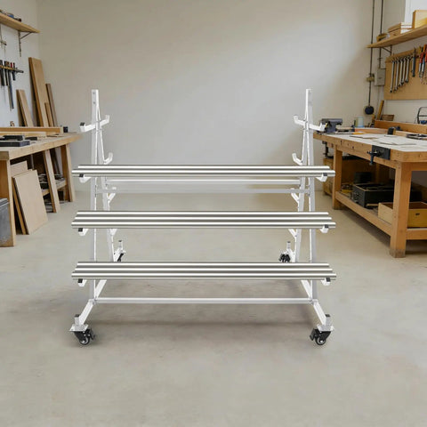 Badass Heavy Duty Steel Rolling Storage Cart With Smooth Wheels Solid 5 Tier Double Sided Pipe Rack For Workshop Floor Setup Organization White Garage Workhorse Built Different, 5 tier storage cart in workshop.