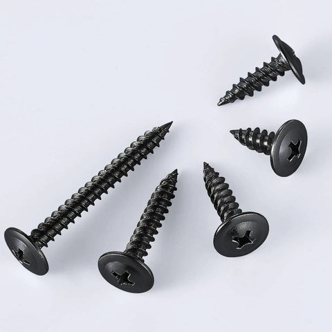 Boss Grade Black Truss Head Wood Screws 300 Pack Size 8 X 3 4 Inch Carbon Steel Self Tapping Fasteners on white background.