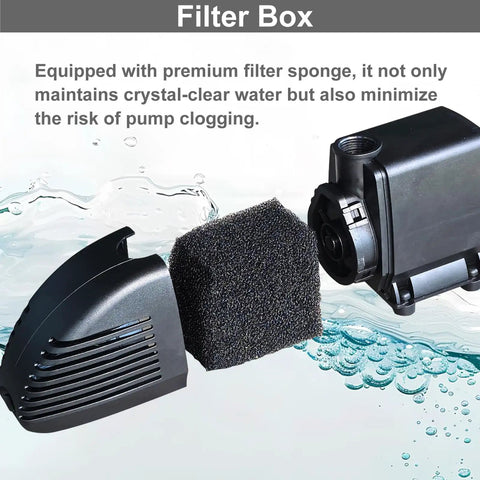 Filter box components of All-In-One Pond Filter With Submersible Pump And Fountain Kit for outdoor ponds, shown disassembled