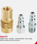 One Quarter Inch NPT M Style Air Coupler And Plug Kit Twelve Piece Set For Quick Change Connects Durable Brass Fittings With Case Hardened Steel Plugs Interchangeable With Most Brands 40 SCFM 300 PSI Up To 250 Degrees F image of brass coupler and steel plugs