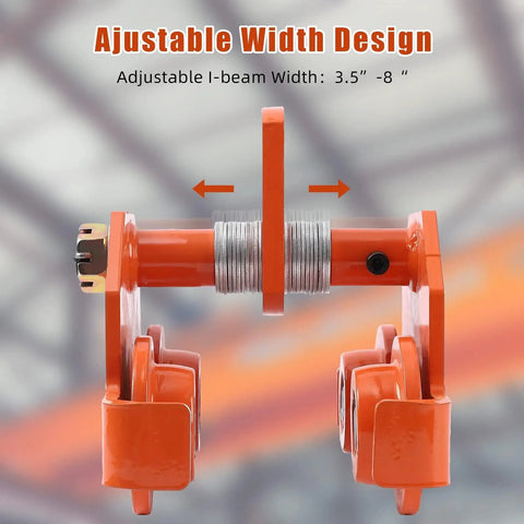 Heavy Duty Manual Trolley for 2 Ton Load, Steel Push Beam Trolley With Dual Wheels, Adjustable Width, I-beam demonstration