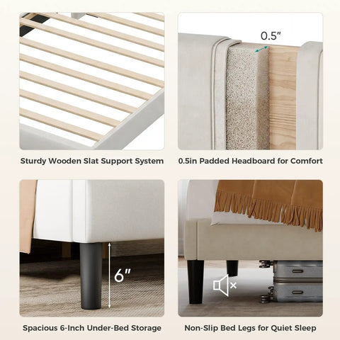 Sturdy wooden slat support system of Modern Twin Bed Frame With Padded Wing Headboard And High Density Foam Upholstery.