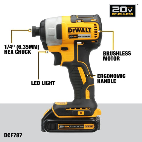 20V Max Cordless Drill And Impact Driver Combo Kit with brushless motor and ergonomic handle, side view with LED light shown