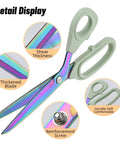 Heavy Duty Fabric Scissors With Titanium Coated Stainless Steel Blades For Leather Sewing And Tailoring 9.8 Inch Multi Purpose Shears That Cut Over 20 Layers Of Fabric With Comfortable Ergonomic Handles For All Your Crafting Projects. close-up of titanium-coated blades and soft handles