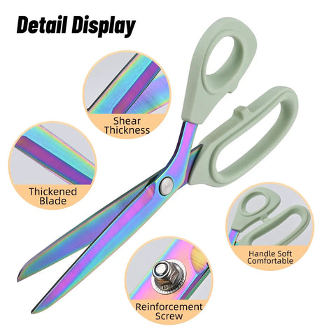 Heavy Duty Fabric Scissors With Titanium Coated Stainless Steel Blades For Leather Sewing And Tailoring 9.8 Inch Multi Purpose Shears That Cut Over 20 Layers Of Fabric With Comfortable Ergonomic Handles For All Your Crafting Projects. close-up of titanium-coated blades and soft handles