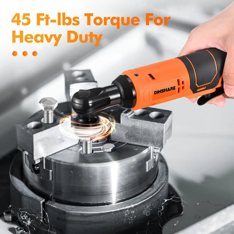 Three Eighths Inch Orange Electric Ratchet Wrench Set With 16.8V Power, 45 Foot Pounds Torque, 400 RPM, Dual Batteries, Fast Charger, Nylon Storage Bag, And Eight Removable Sockets For Home Garage