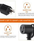 Close-up of 10 Ft Welder Adapter Cord 6-20P To 6-50R 20 Amp To 50 Amp 3 Prong Cable showing male and female plug connectors