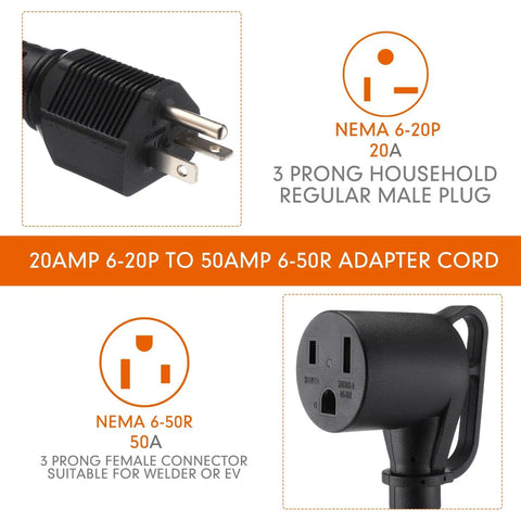 Close-up of 10 Ft Welder Adapter Cord 6-20P To 6-50R 20 Amp To 50 Amp 3 Prong Cable showing male and female plug connectors