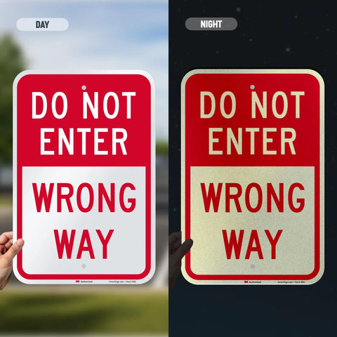 18 By 12 Inch Do Not Enter Wrong Way Aluminum Sign With 63 Mil Rustproof Metal And 3M Laminated Engineer Grade Reflective Material For Outdoor Parking And Traffic Red And White High Visibility Made In USA, day and night view