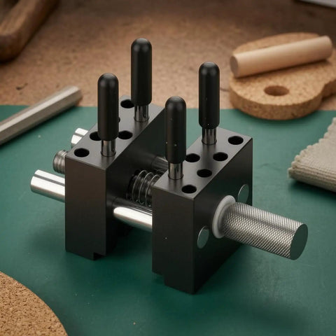 Compact Handheld Metal Vise With Multi Peg Holes For Precision Model Work And Desktop Clamping Projects, Durable Black Mini Bench Tool For Crafters on green workbench.