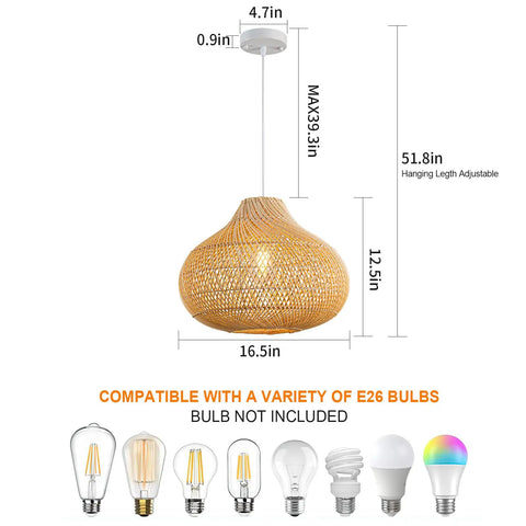 Rattan Pendant Light With Handwoven Wicker Raindrop Design, dimensions shown, E26 bulb compatibility, for versatile room decor
