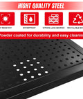 Close-up of 22 Piece Metal Wall Pegboard Tool Organizer System For Garage And Workshop Storage Modular Pegboard Panels in black.