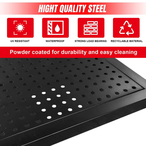 Close-up of 22 Piece Metal Wall Pegboard Tool Organizer System For Garage And Workshop Storage Modular Pegboard Panels in black.