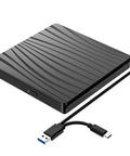 External USB-C Portable CD DVD Drive For Laptop And Desktop, slim black optical drive with USB-A and USB-C cable