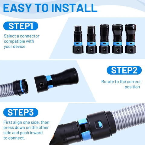 Installation guide for Sixteen Foot Vacuum Hose Extension Kit With Six Adapters, showing step-by-step connector attachment.
