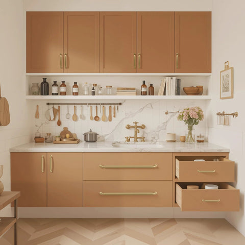Champagne Bronze Modern Cabinet Pulls 3 Pack with 12.6 Inch Center Hole on kitchen cabinets and drawers, matte finish.