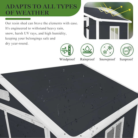 Heavy-Duty Resin Outdoor Storage Shed 6 By 4.4 Ft with raindrops showing weather-resistant roof and walls