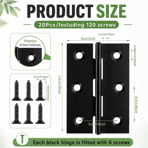 Illustration of 20 Pack Black 3 Inch Door Hinges Stainless Steel 304 with 120 screws, dimensions and thickness details shown.