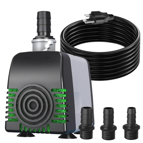 Kickin Efficiency Submersible Water Pump 880 GPH with 10 ft cord, fittings, and reinforced suction cups for versatile use.