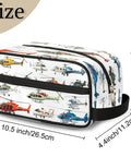 Foldable Travel Toiletry Bag For Women And Men, Water Resistant Dopp Kit with helicopter print, showing size dimensions