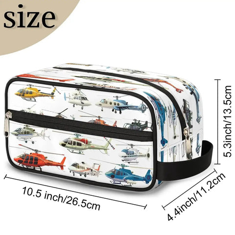 Foldable Travel Toiletry Bag For Women And Men, Water Resistant Dopp Kit with helicopter print, showing size dimensions