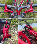Red JFOYH Zoom HB876 4-piston hydraulic disc brake set with 160mm rotors; front and rear levers shown