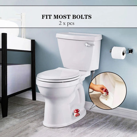 Kick Those Rusty Bolts To The Curb With These Cute Red Mushroom Toilet Bolt Caps That Stealthily Conceal Hardware Upgrade Your Bathroom Game With A Hassle Free Quick Fit Setup Comes Ready To Drop In As A Solid Two Piece Pack. Image shows red ceramic mushroom toilet bolt caps fitting over screws.